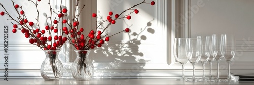 Elegant arrangement of red berries in a glass vase beside crystal wine glasse...