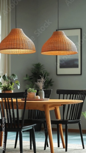 Modern dining area featuring stylish pendant lights and a natural decor in mu...