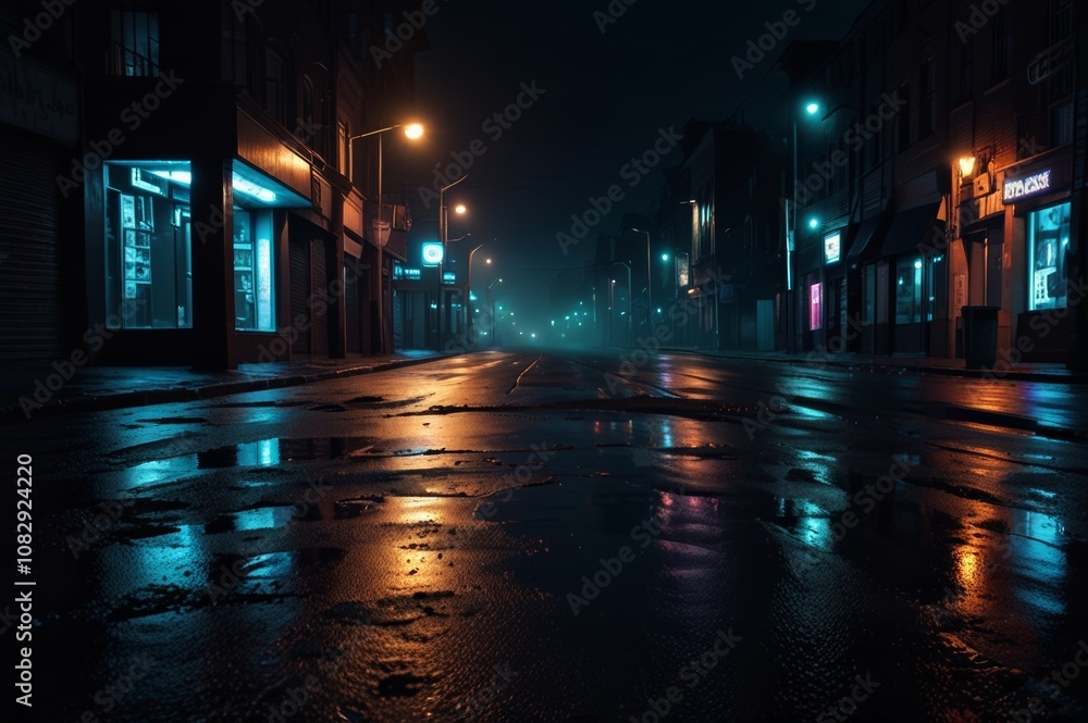 Wet asphalt, reflection of neon lights, searchlight, smoke, Abstract light in dark empty street with smoke, smog, Dark background, empty street, night view, night city, copy space Wet asphalt, reflection of neon lights, searchlight, smoke, Abstract light in dark empty street with smoke, smog, Dark background, empty street, night view, night city, copy space