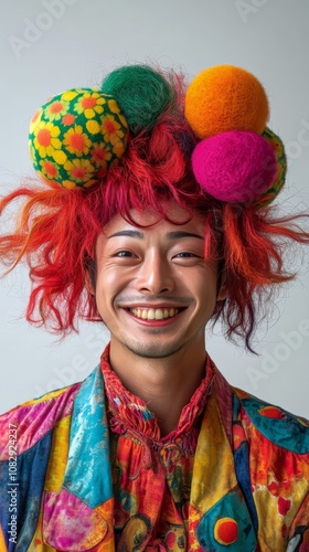 Brightly dressed performer with colorful hair smiles cheerfully in a playful ...