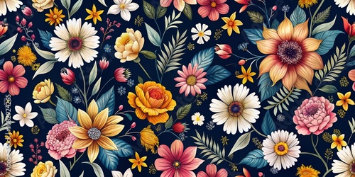 Wallpaper Mural Floral Seamless Pattern with Vibrant Flowers and Dark Background, flower pattern, floral design Torontodigital.ca