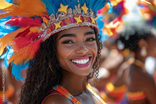A joyful woman in a feather headdress smiles at a lively carnival celebration