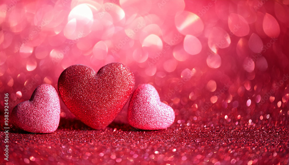 Obraz premium Pink hearts on bright glittering backdrop. Vivid sparkles. Valentine's Day, romantic greeting card.