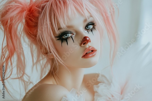 A young woman with pink hair and clown makeup poses for a portrait against a ...