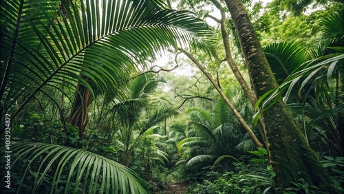 A dense thicket of green palm leaves and branches in a jungle setting, palm, tropical, green, foliage, garden