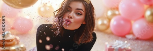Celebratory party with a young woman blowing confetti surrounded by balloons ...