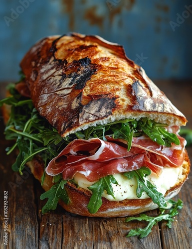 Tasty sandwich with prosciutto, mozzarella, and fresh arugula on grilled ciab...