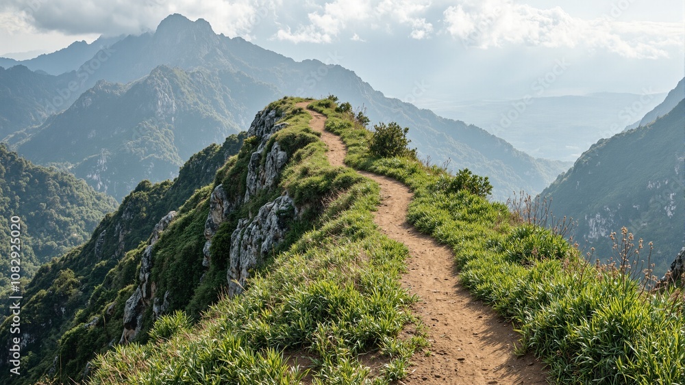 Fototapeta premium Serene mountain trail through lush greenery a metaphor for growth and beauty in challenges