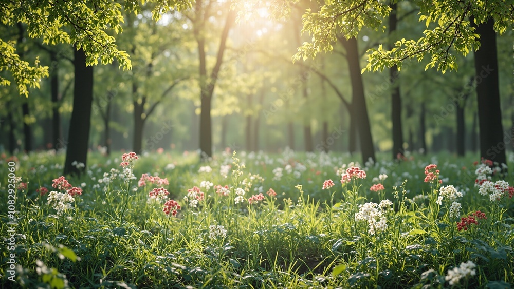 Fototapeta premium Vibrant spring forest with blooming flowers and new leaves
