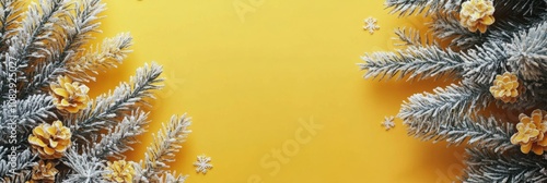 Decorative green pine branches and golden ornaments on a vibrant yellow backg...