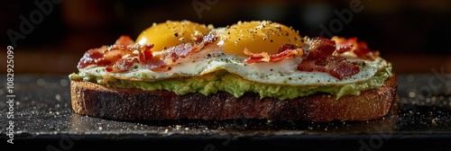 Delicious bacon and eggs served on toasted bread with avocado spread in a dar...