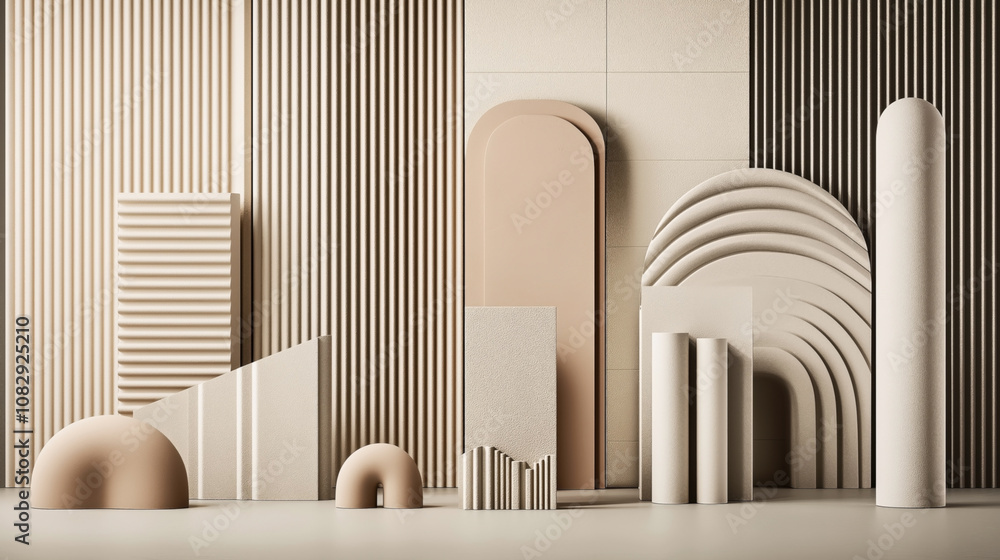 Abstract composition with geometric shapes and textures in neutral tones, featuring arches, cylinders, and striped patterns against a textured background Abstract composition with geometric shapes and textures in neutral tones, featuring arches, cylinders, and striped patterns against a textured background