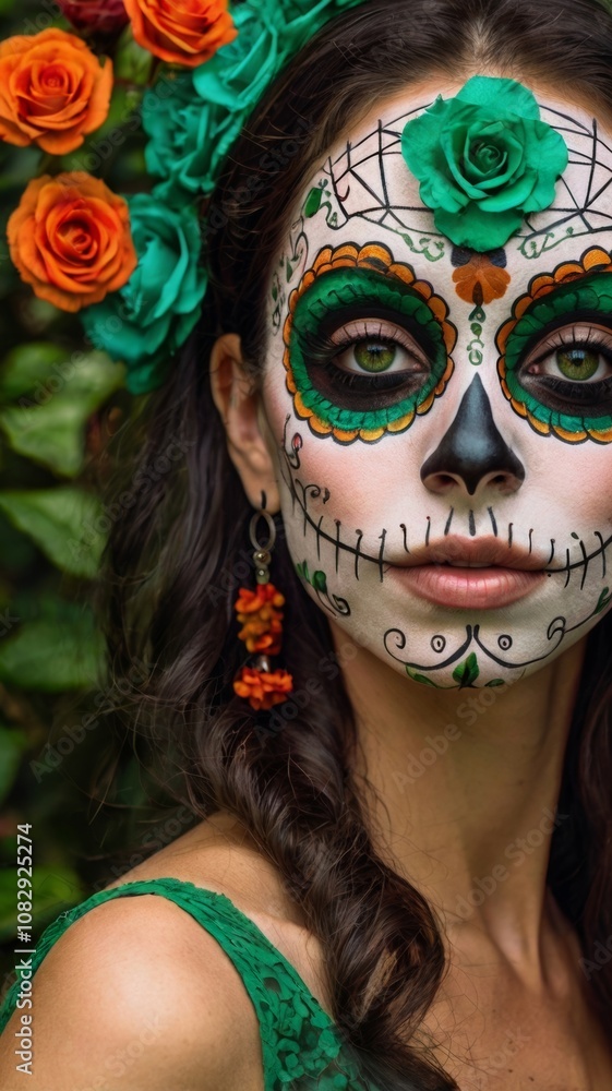 woman with emerald green eyes, Feliz Día de los Muertos colourful photo, day of dead makeup woman with emerald green eyes, Feliz Día de los Muertos colourful photo, day of dead makeup