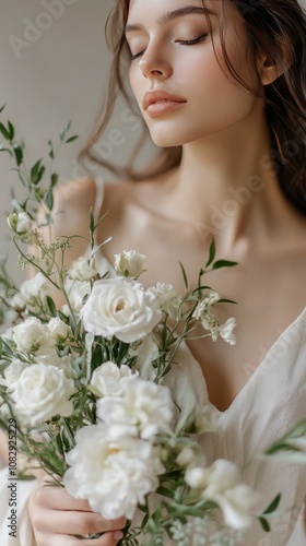 Elegant bride holding a delicate bouquet of white roses and greenery in soft ...