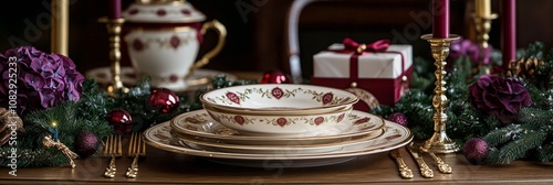 Elegant holiday dinner setup with candles, flowers, and wrapped gifts in a co...