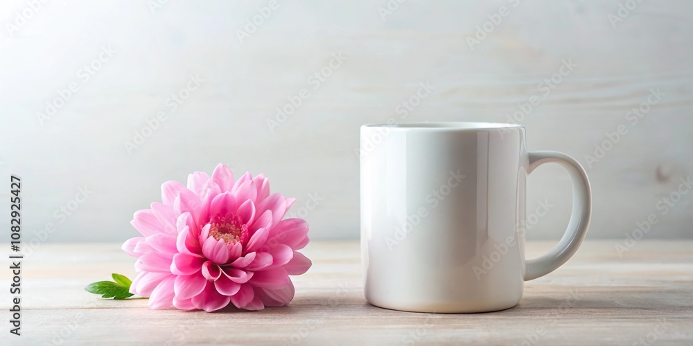 blank white empty mug mockup with pink flower close-up blank white empty mug mockup with pink flower close-up