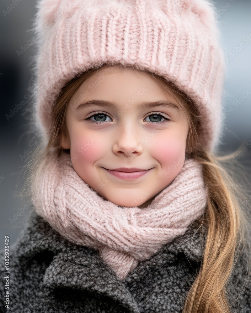 A young girl wearing a pink knitted hat and scarf smiles at the camera. A young girl wearing a pink knitted hat and scarf smiles at the camera.