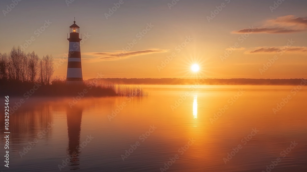 Lighthouse at Lake, Lake at sunrise Lighthouse at Lake, Lake at sunrise