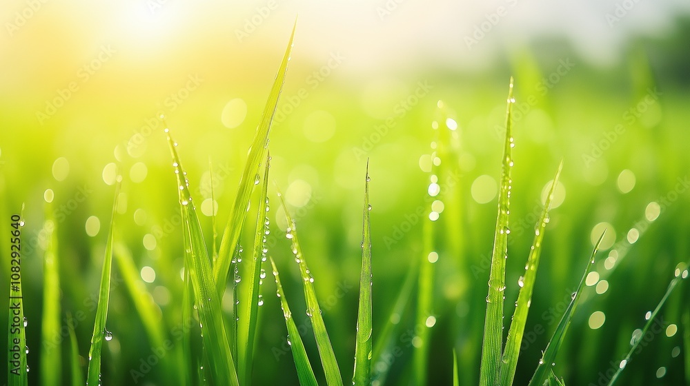 Obraz premium Green grass, natural outdoors. Spring and Summer Background. Lush green paddy in rice field with bokeh