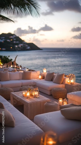 Wallpaper Mural Cozy seaside lounge area with candles overlooking the ocean at sunset Torontodigital.ca