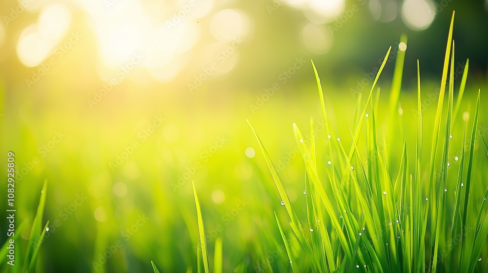 Obraz premium Green grass, natural outdoors. Spring and Summer Background. Lush green paddy in rice field with bokeh