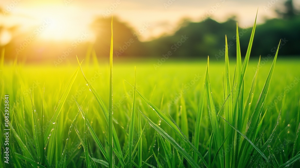 Green grass, natural outdoors. Spring and Summer Background. Lush green paddy in rice field with bokeh Green grass, natural outdoors. Spring and Summer Background. Lush green paddy in rice field with bokeh