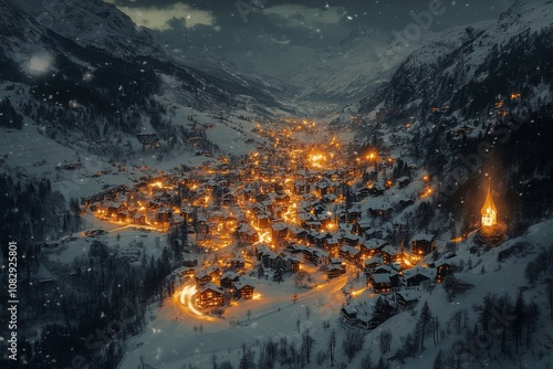 Snow covered village illuminated at night in a mountainous landscape during w...