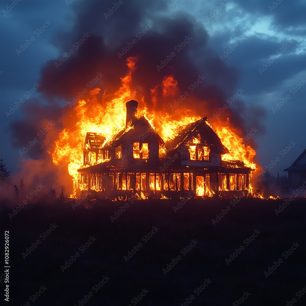 Roaring flames swallowing house amid dense smoke in night sky picture Roaring flames swallowing house amid dense smoke in night sky picture