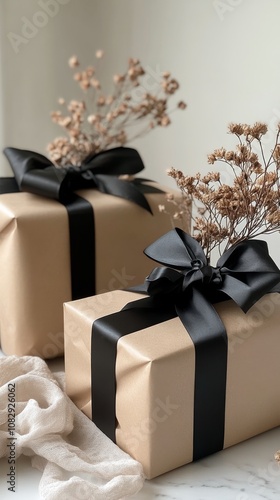 Elegant gift wrapping with dried flowers on a textured background showcasing ...