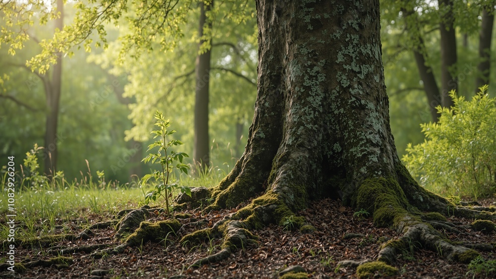 Obraz premium Symbolic image of young sapling next to ancient tree representing growth and passage of time