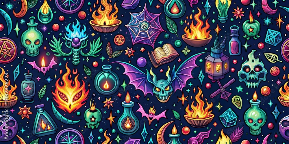 Fototapeta premium Magical Cartoon Doodle Seamless Pattern, magic, fantasy