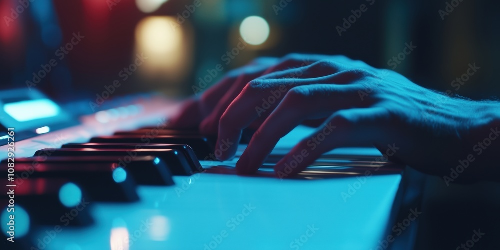 Musician playing synthesizer keyboard in dimly lit room with colorful lights Musician playing synthesizer keyboard in dimly lit room with colorful lights