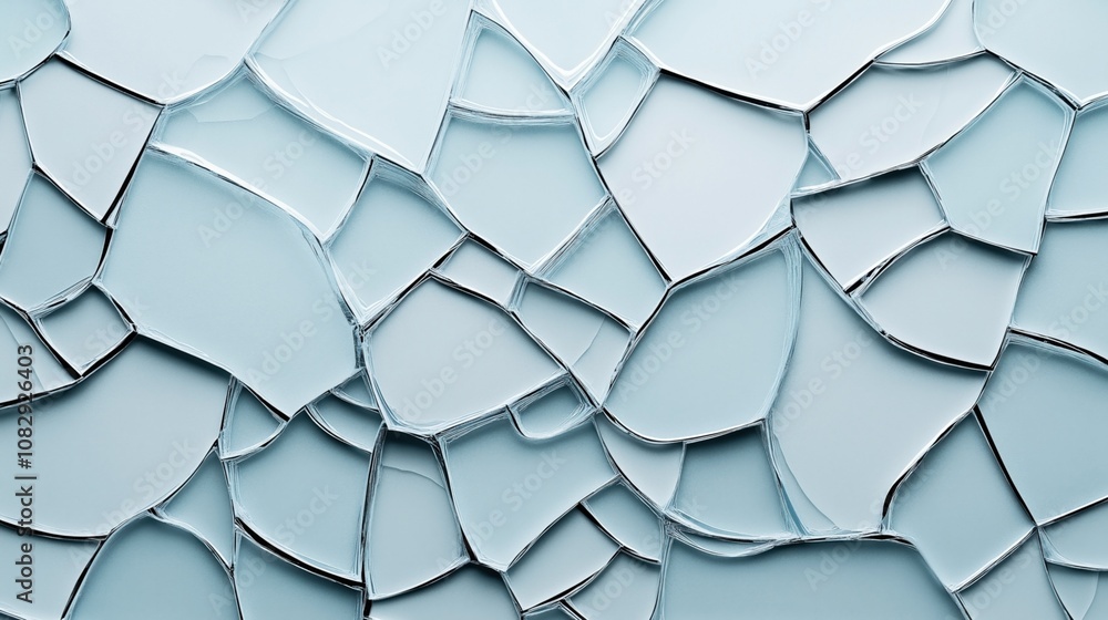 Abstract background featuring closely tessellated, irregular polygonal shapes in a light blue color with glass-like appearance and reflective edges. Abstract background featuring closely tessellated, irregular polygonal shapes in a light blue color with glass-like appearance and reflective edges.