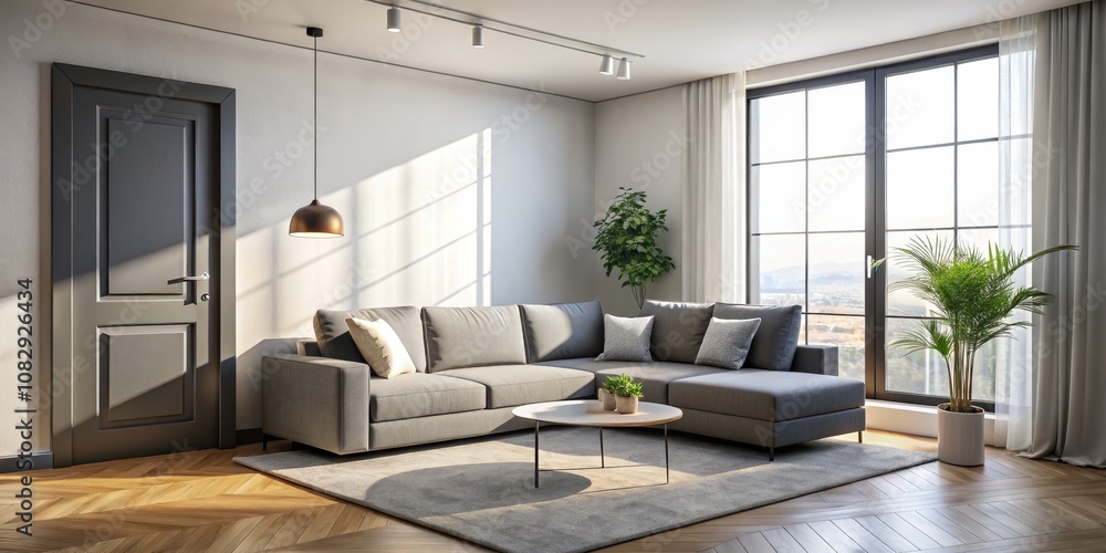 Fototapeta premium Modern Living Room with Grey Sofa and Large Window, interior design, home decor, living room design