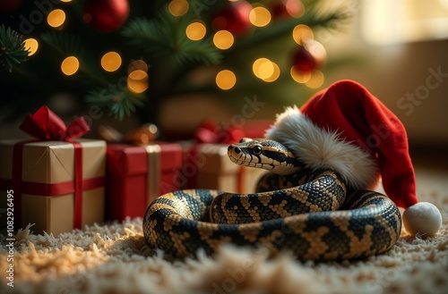 Chinese new year 2025 with cute snake in xmas hat. A snake on background of a Christmas tree, lights and gift boxes