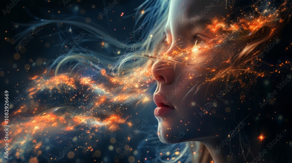A child gazes upwards with an enchanting expression, surrounded by glowing particles, on a dark background. Mental health and creativity concept. A child gazes upwards with an enchanting expression, surrounded by glowing particles, on a dark background. Mental health and creativity concept.