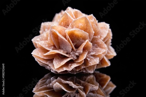 Close-up photograph of desert rose crystal on black background