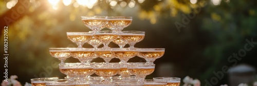 A beautiful champagne tower shimmering in the sunset light at an outdoor cele...