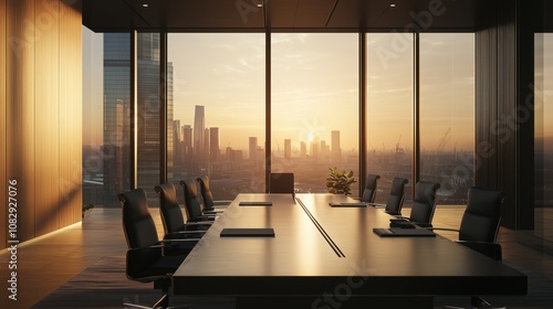 Modern conference room overlooking city at sunrise photo