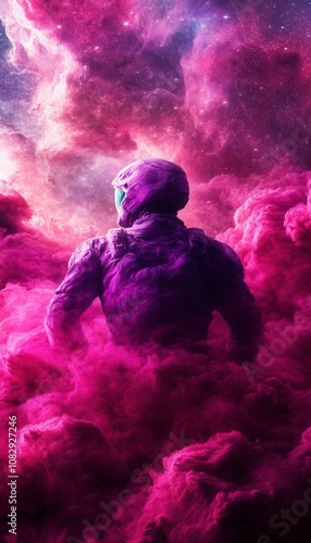 An astronaut stands in a field of pink clouds, gazing up at the starry sky.