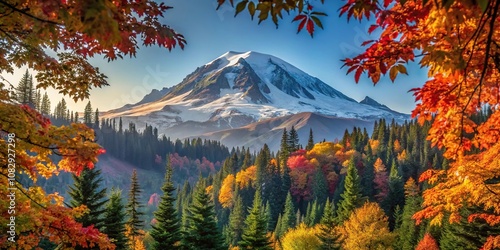 Colorful tree framing Mt Rainier in the Pacific Northwest landscape photo