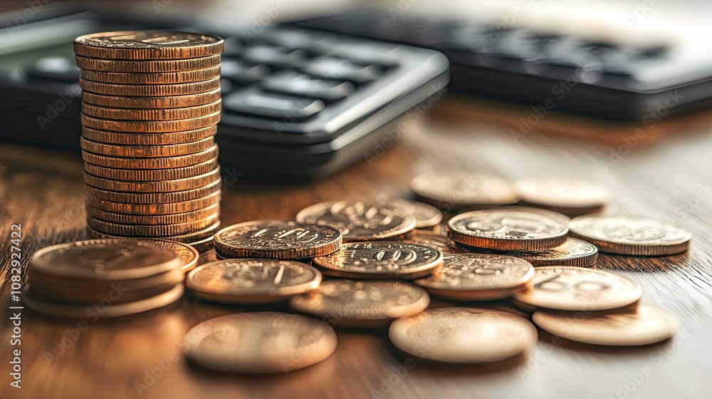 Shiny gold coins scattered on a wooden table next to a blurry black calculator. The coins are stacked high in a tall pile in the background. A concept for financial growth and wealth. . Shiny gold coins scattered on a wooden table next to a blurry black calculator. The coins are stacked high in a tall pile in the background. A concept for financial growth and wealth. .