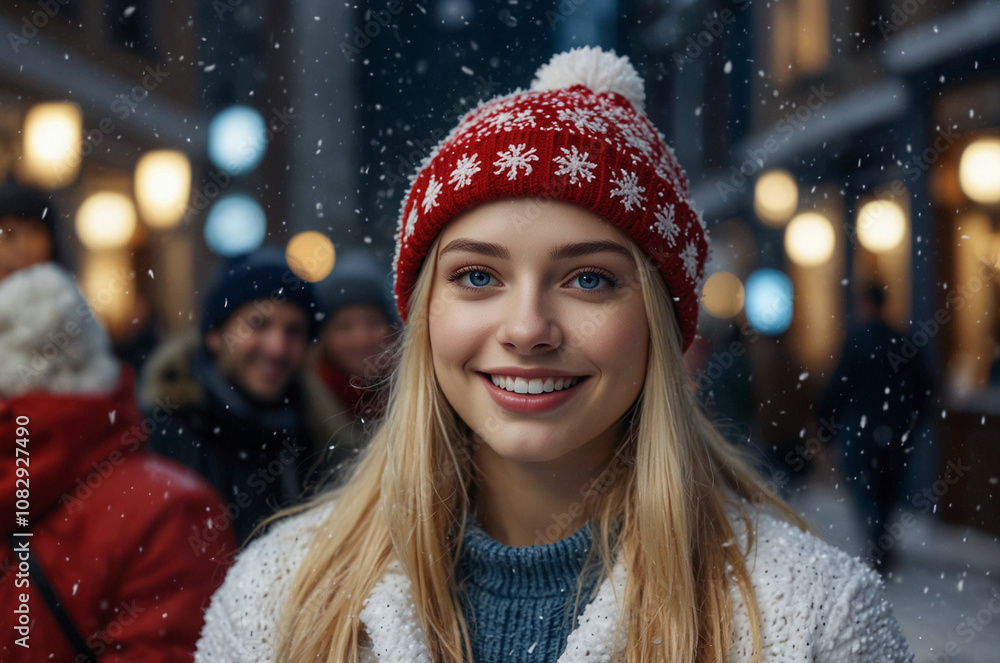 Young people take selfies in front.It is snowing heavily.New Year.A beautiful blonde girl with blue eyes, smiling, wearing a Christmas hat on a decorated festive street in the city.