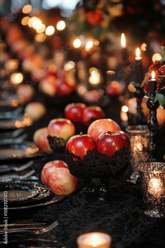 Elegant dinner setting with red apples and candlelight at a festive gathering...