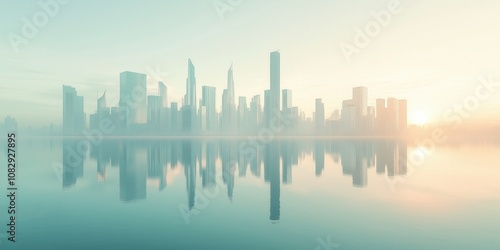 Futuristic city skyline reflecting in water at sunrise with fog