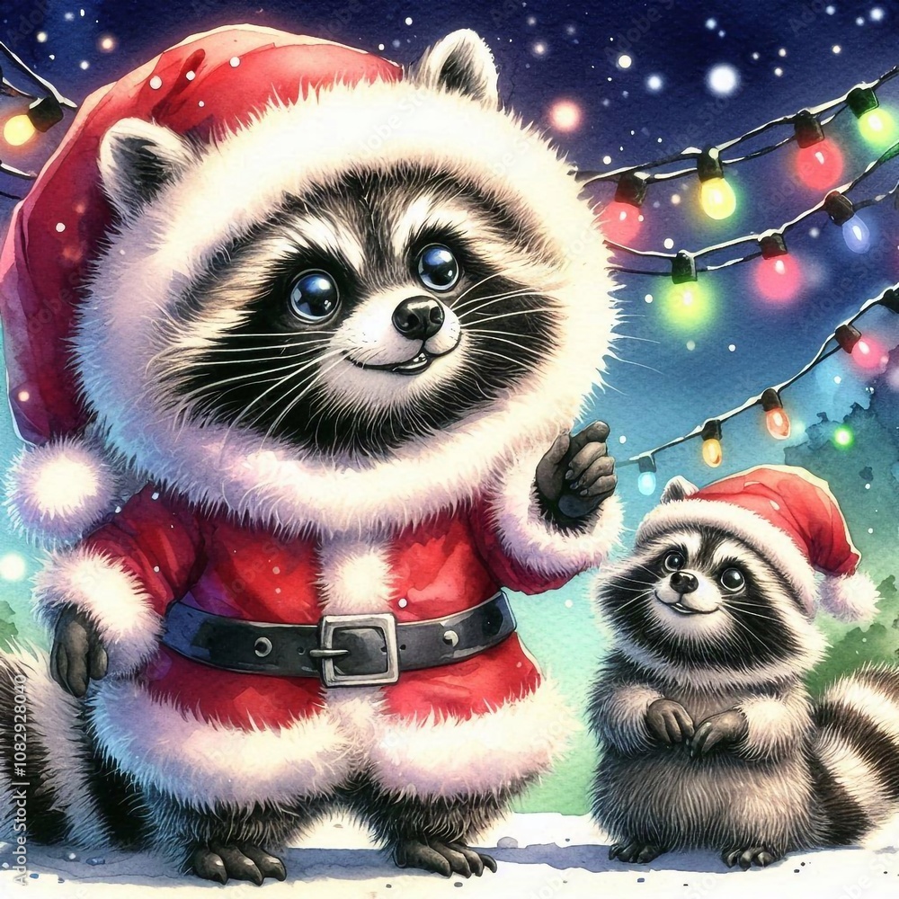 niedlicher Waschbär als Weihnachtsmann niedlicher Waschbär als Weihnachtsmann