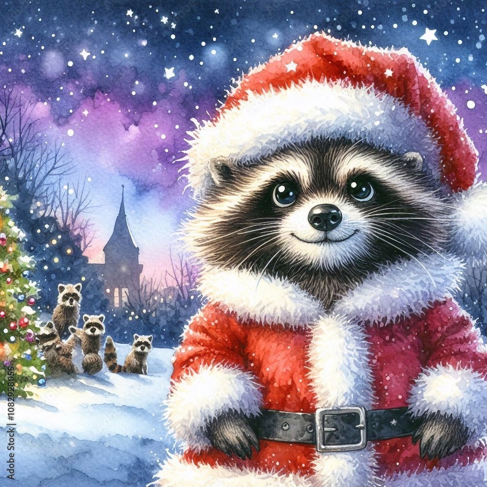 niedlicher Waschbär als Weihnachtsmann niedlicher Waschbär als Weihnachtsmann