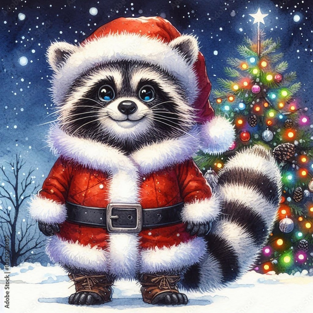 niedlicher Waschbär als Weihnachtsmann niedlicher Waschbär als Weihnachtsmann