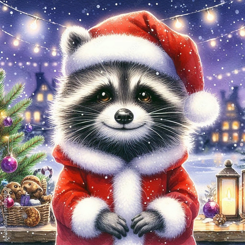 niedlicher Waschbär als Weihnachtsmann niedlicher Waschbär als Weihnachtsmann