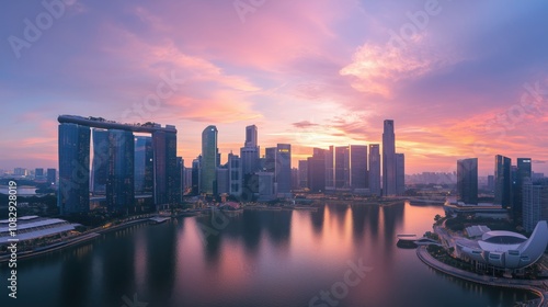 Singapore skyline reflecting in water during beautiful sunset